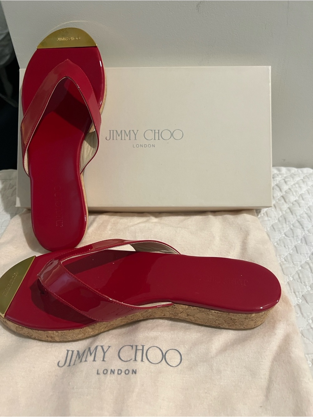 Jimmy Choo Red Patent Cork Wedge Sandals with Gold Accent